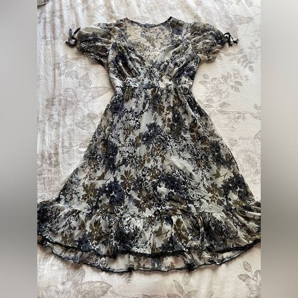 Vintage Dresses & Skirts - Y2K Micro Mesh Sheer Floral Babydoll Mini Dress Small Fairy Grunge Whimsigoth
